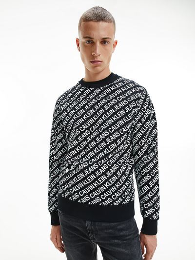 Calvin Klein Ruhák HU059058 | Calvin Klein Organic Cotton All-Over Logo Férfi Pulóver Fekete